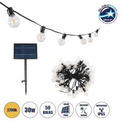LEDTM® TWILIGHT 79669 Μοντέρνο Φωτιστικό Κήπου Γιρλάντα 14.5m με 50 Λάμπες LED 30W 2700lm 360° DC 3.6V με Ενσωματωμένο Φωτοβολταϊκό Panel 5.5V 5W & Επαναφορτιζόμενη Μπαταρία Li-ion 3.7V 3x18650 6600mAh Αδιάβροχο IP65 Θερμό Λευκό 2700Κ Dimmable - Sanan SMD Chip - Μαύρο & Διάφανο - Μ1450 x Π4 x Υ7cm - 2 Χρόνια Εγγύηση