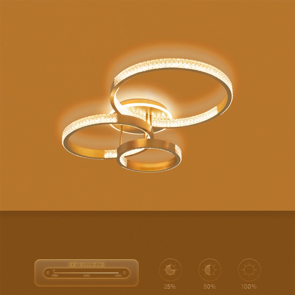 kelvo® DIAMOND KLV-101-0228 Φωτιστικό Οροφής LED 100W 10000lm 360° AC 220-240V IP20 Ρυθμιζόμενο Λευκό CCT με Χειριστήριο από 2700K έως 6000K Dimmable - Lumileds SMD Chip - Χρυσό Πλατίνα - Μ80 x Π50 x Υ20cm - 3 Χρόνια Εγγύηση - Image 10