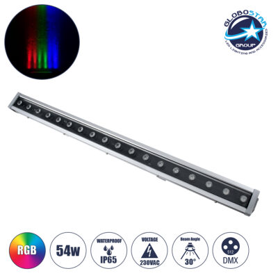 LEDTM® WASHER-DAIA S-90995 Μπάρα Φωτισμού Wall Washer LED 54W 5400lm 30° AC 230V Αδιάβροχο IP65 Μ100 x Π7.5 x Υ7cm Πολύχρωμο RGB DMX512 Display on Body - Ασημί