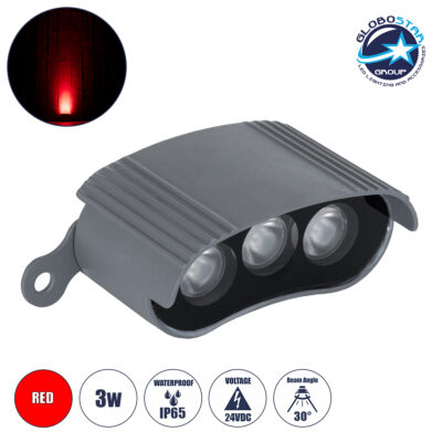 LEDTM® TREELIGHT-ZINA S-90998 Κυρτή Μπάρα Φωτισμού Wall Washer για Φυτά - Δέντρα LED 3W 240lm 30° DC 24V Αδιάβροχο IP65 Κόκκινο Dimmable - Γκρι Ανθρακί - Μ9 x Π6.5 x Υ4cm - 3 Χρόνια Εγγύηση