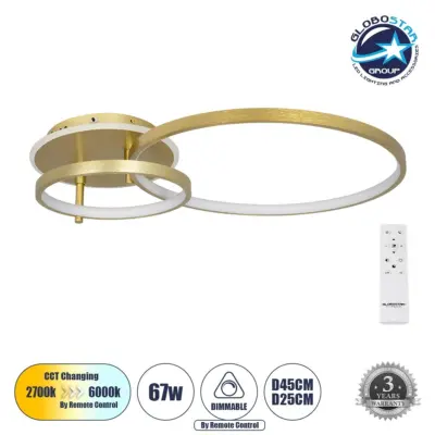 LEDTM® NEMESIS 61107 Μοντέρνο Φωτιστικό Οροφής LED 67W 7573lm 360° AC 220-240V IP20 Ρυθμιζόμενο Λευκό CCT με Χειριστήριο από 2700K έως 6000K Dimmable - Lumileds SMD Chip - Χρυσό Βούρτσας - Μ84 x Π45 x Υ13cm - 3 Χρόνια Εγγύηση