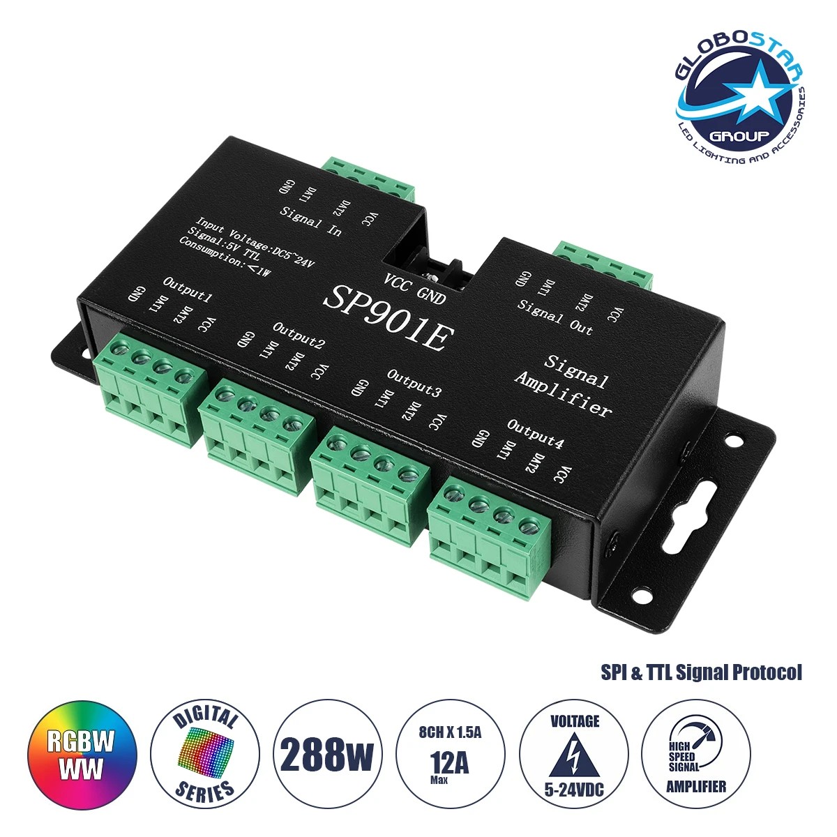 LEDTM® RGBCONTROLLER 73446 LED Digital RGB Ενισχυτής Σήματος SP901E LED Pixel WS2812B WS2811 SPI Signal Amplifier Repeater 10000 IC Professional Series 5-24V 288W - IP20 - Μ7 x Π14 x Υ3cm - 1 Χρόνος Εγγύηση