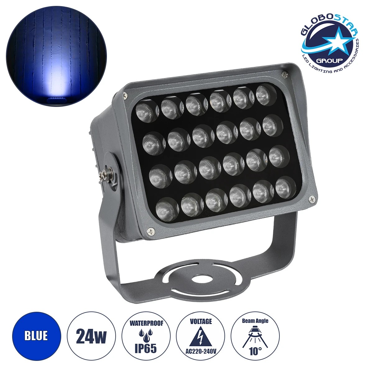 LEDTM® FLOODXENA 90131 Προβολέας Σποτ Wall Washer LED 24W 2040lm 10° AC 220-240V Αδιάβροχο IP65 Μπλε - Bridgelux SMD Chip - Γκρι Ανθρακί - Μ18 x Π13.5 x Υ18cm - 3 Χρόνια Εγγύηση
