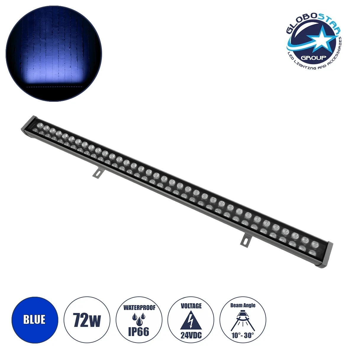 LEDTM® WASHERMOZA 90168 Μπάρα Φωτισμού Wall Washer LED 72W 6120lm 10-30° DC 24V Αδιάβροχο IP66 Μπλε Dimmable - Bridgelux SMD Chip - Γκρι Ανθρακί - Μ100 x Π14 x Υ7cm - 3 Χρόνια Εγγύηση