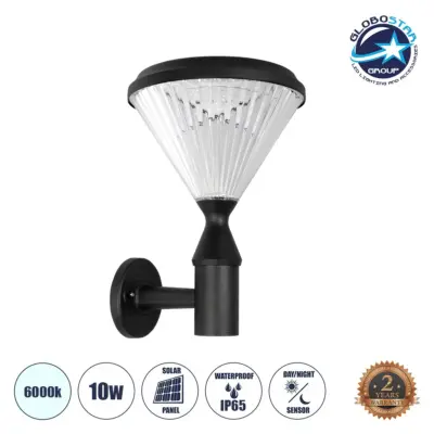 LEDTM® SOLARTIS 90527 Μοντέρνο Φωτιστικό Τοίχου - Απλίκα LED 10W 1000lm 180° με Ενσωματωμένο Φωτοβολταϊκό Panel 6V 5W & Επαναφορτιζόμενη Μπαταρία Li-ion 3.2V 6000mAh με Αισθητήρα Ημέρας-Νύχτας Αδιάβροχο IP65 Ψυχρό Λευκό 6000K - Sanan SMD Chip - Μαύρο - Μ26.5 x Π30 x Υ40cm - 2 Χρόνια Εγγύηση