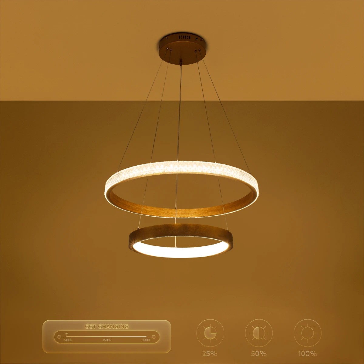 kelvo® DIAMOND KLV-101-0236-V2 Κρεμαστό Φωτιστικό Οροφής LED 75W 7500lm 360° AC 220-240V IP20 Ρυθμιζόμενο Λευκό CCT με Χειριστήριο από 2700K έως 6000K Dimmable - Lumileds SMD Chip - Χρυσό Πλατίνα - Μ60 x Π60 x Υ40cm - 3 Χρόνια Εγγύηση - Image 12