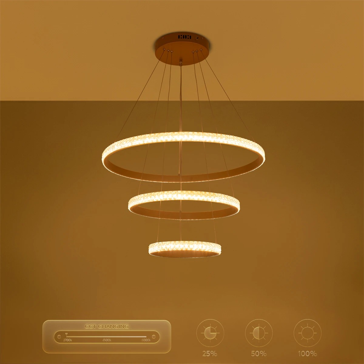 kelvo® DIAMOND KLV-101-0238-V2 Κρεμαστό Φωτιστικό Οροφής LED 100W 10000lm 180° AC 220-240V IP20 Ρυθμιζόμενο Λευκό CCT με Χειριστήριο από 2700K έως 6000K Dimmable - Lumileds SMD Chip - Χρυσό Πλατίνα - Μ60 x Π60 x Υ60cm - 3 Χρόνια Εγγύηση - Image 13