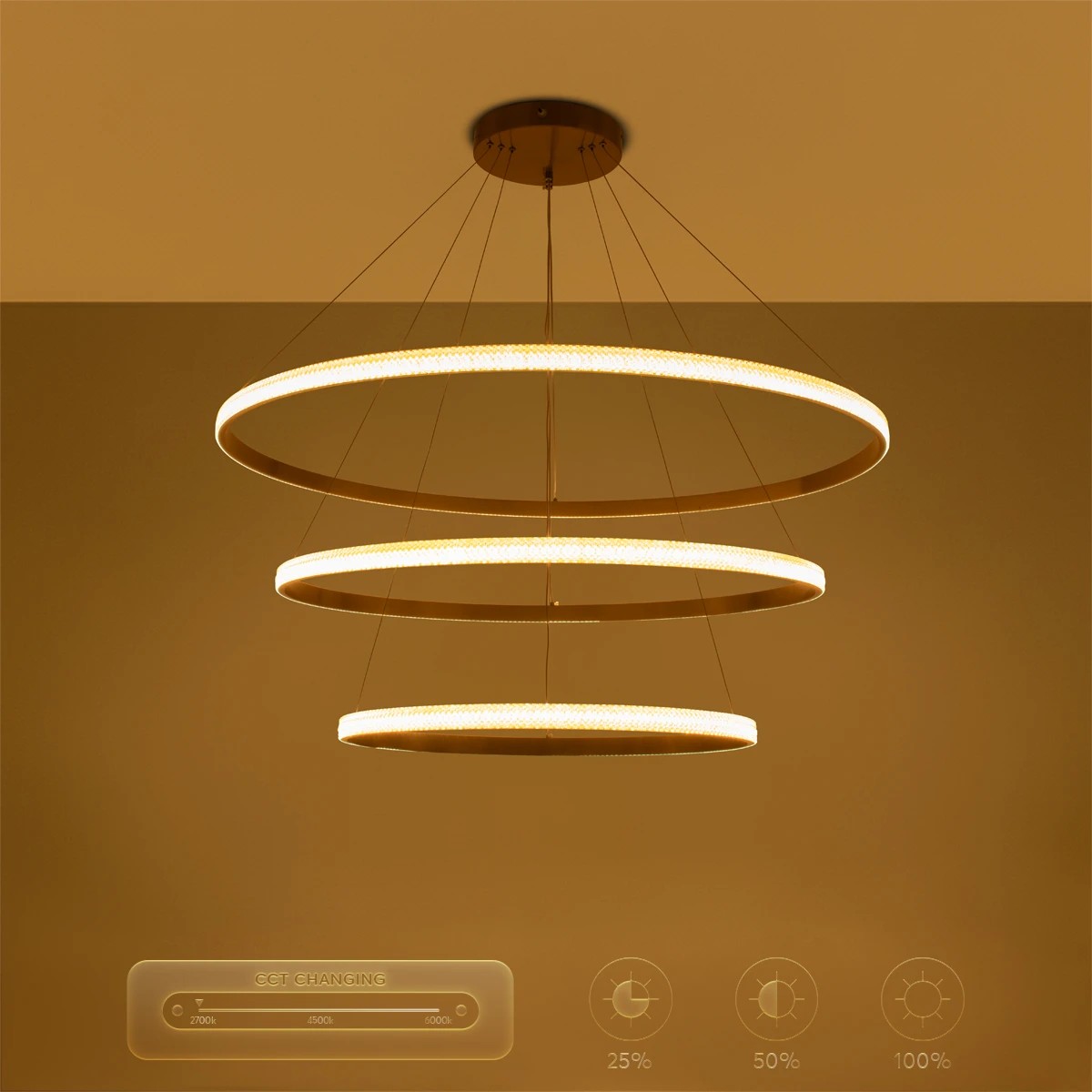 kelvo® DIAMOND KLV-101-0242-V2 Κρεμαστό Φωτιστικό Οροφής LED 150W 15000lm 180° AC 220-240V IP20 Ρυθμιζόμενο Λευκό CCT με Χειριστήριο από 2700K έως 6000K Dimmable - Lumileds SMD Chip - Χρυσό Πλατίνα - Μ100 x Π100 x Υ100cm - 3 Χρόνια Εγγύηση - Image 13
