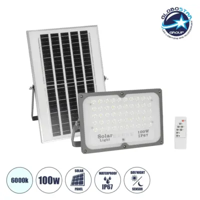 LEDTM® LUMOVOX 73067 Προβολέας LED 100W 5000lm 120° DC 5V με Φωτοβολταϊκό Panel 5V 8W & Επαναφορτιζόμενη Μπαταρία Li-ion 3.2V 5000mAh Αδιάβροχο IP67 Ψυχρό Λευκό 6000K - 120 x SMD2835 Sanan Chip - Γκρι Ανθρακί - Μ25 x Π5.5 x Υ17.5cm - 2 Χρόνια Εγγύηση