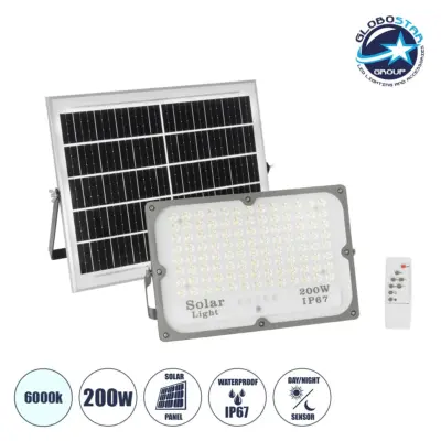 LEDTM® LUMOVOX 73068 Προβολέας LED 200W 10000lm 120° DC 5V με Φωτοβολταϊκό Panel 5V 12W & Επαναφορτιζόμενη Μπαταρία Li-ion 3.2V 10000mAh Αδιάβροχο IP67 Ψυχρό Λευκό 6000K - 180 x SMD2835 Sanan Chip - Γκρι Ανθρακί - Μ29.5 x Π5.5 x Υ19cm - 2 Χρόνια Εγγύηση
