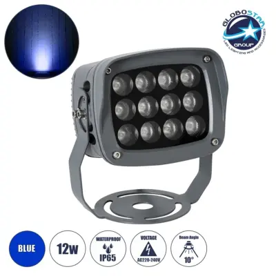LEDTM® FLOODXENA 90124 Προβολέας Σποτ Wall Washer LED 12W 1020lm 10° AC 220-240V Αδιάβροχο IP65 Μπλε - Bridgelux SMD Chip - Γκρι Ανθρακί - Μ13.5 x Π11 x Υ15cm - 3 Χρόνια Εγγύηση