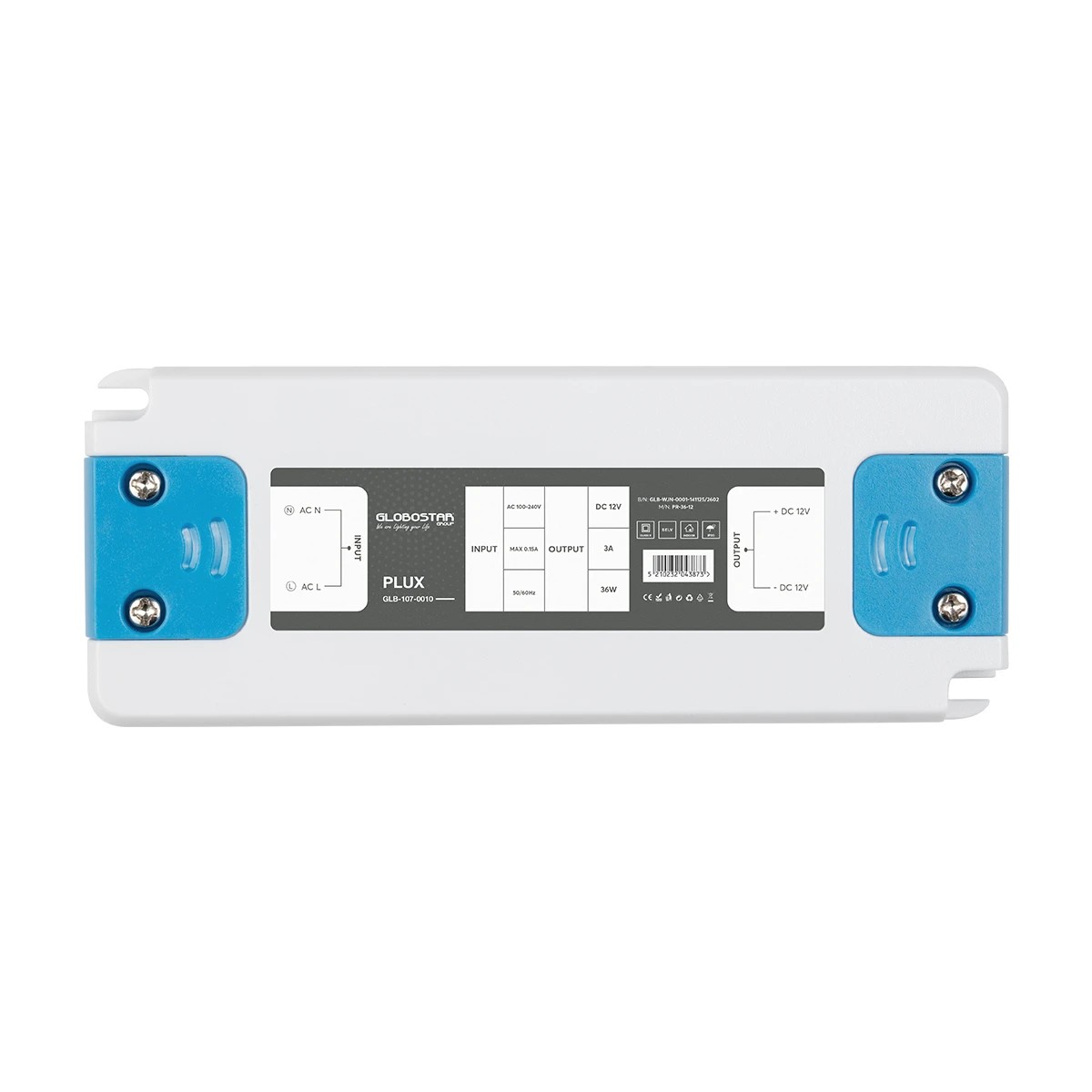 LEDTM® PLUX GLB-107-0010 Τροφοδοτικό/Μετασχηματιστής Class II SELV 36W 3A AC 220-240V σε DC 12V IP20 - Λευκό Ματ - Μ12.8 x Π5 x Υ1.5cm - 3 Χρόνια Εγγύηση - Image 3