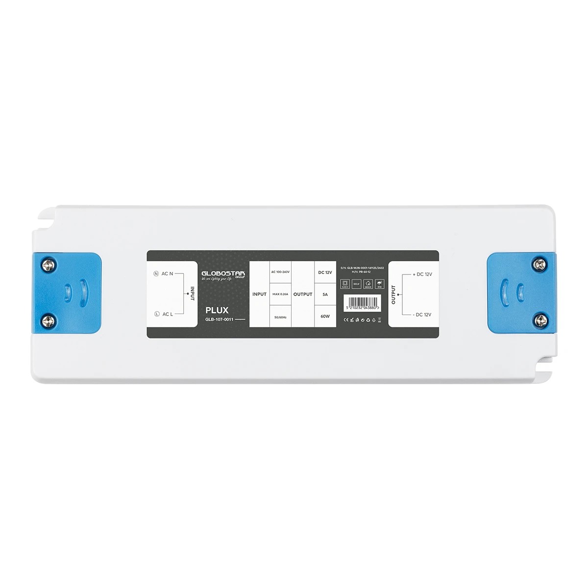 LEDTM® PLUX GLB-107-0011 Τροφοδοτικό/Μετασχηματιστής Class II SELV 60W 5A AC 220-240V σε DC 12V IP20 - Λευκό Ματ - Μ18.5 x Π6.4 x Υ2.2cm - 3 Χρόνια Εγγύηση - Image 3