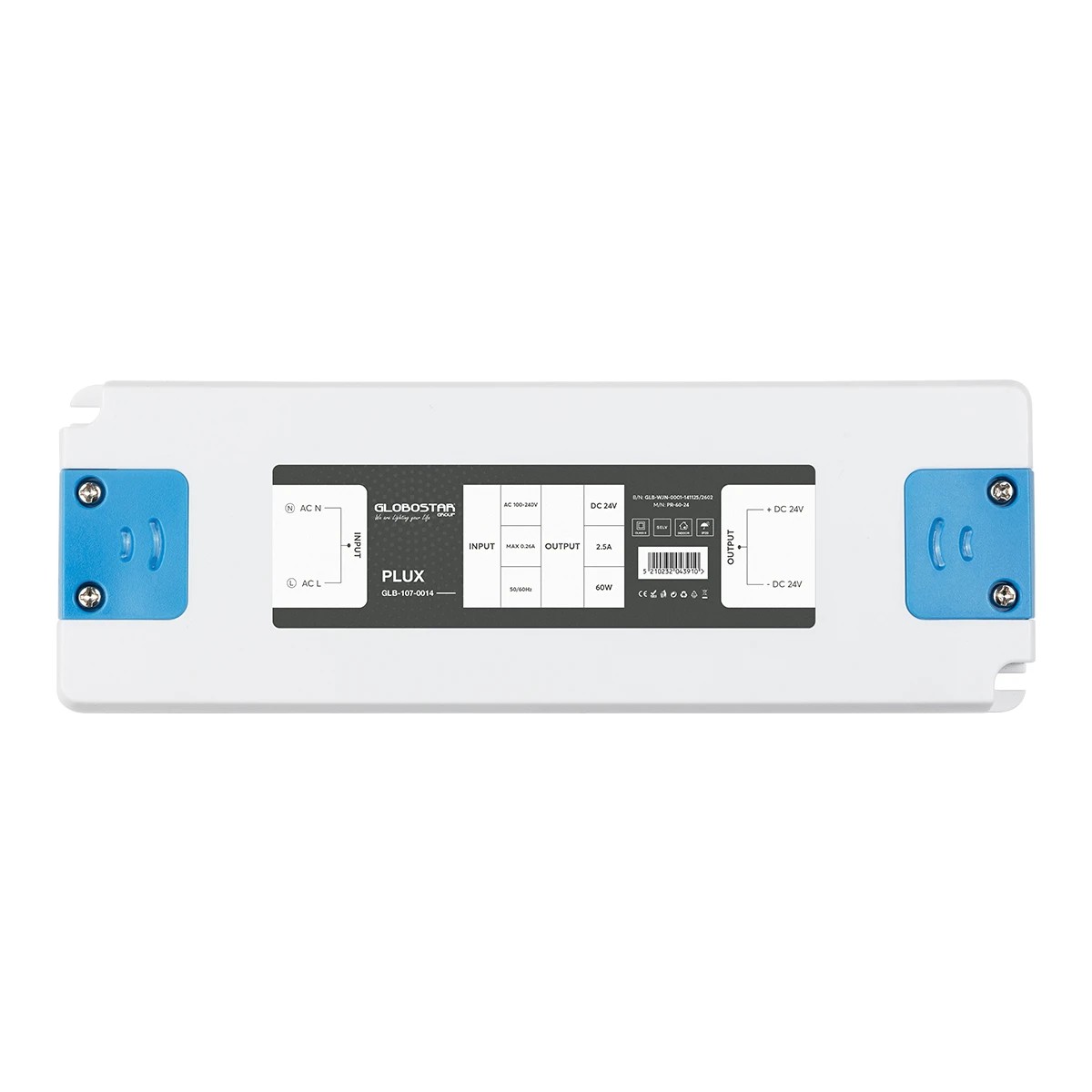 LEDTM® PLUX GLB-107-0014 Τροφοδοτικό/Μετασχηματιστής Class II SELV 60W 2.5A AC 220-240V σε DC 24V IP20 - Λευκό Ματ - Μ18.5 x Π6.4 x Υ2.2cm - 3 Χρόνια Εγγύηση - Image 3