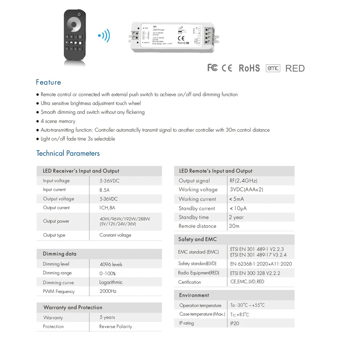 LEDTM® 73118 RT1+V1 SKYDANCE ΣΕΤ Dimmer & Ασύρματο Χειριστήριο Αφής 1 Group RF 2.4Ghz 8A Max DC 5-36V (288W) - DC 3V IP20 - 5 Χρόνια Εγγύηση - Image 9