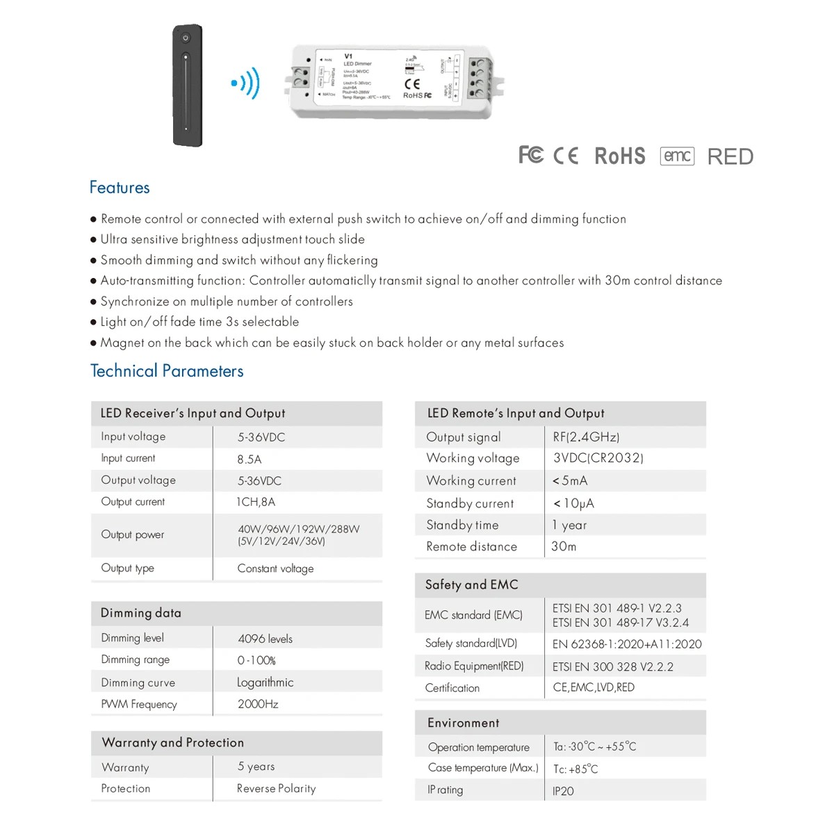 LEDTM® SKYDANCE-V1+R11 73119 DC RF 2.4Ghz Push Dimmer με RF Ασύρματο Χειριστήριο Αφής με 1 x 8A 288W Κανάλι DC 5-36V 8A 288W Max IP20 - RF 2.4Ghz & Push Dimming - Μ12.2 x Π5.3 x Υ1.7cm - 5 Χρόνια Εγγύηση - Image 10