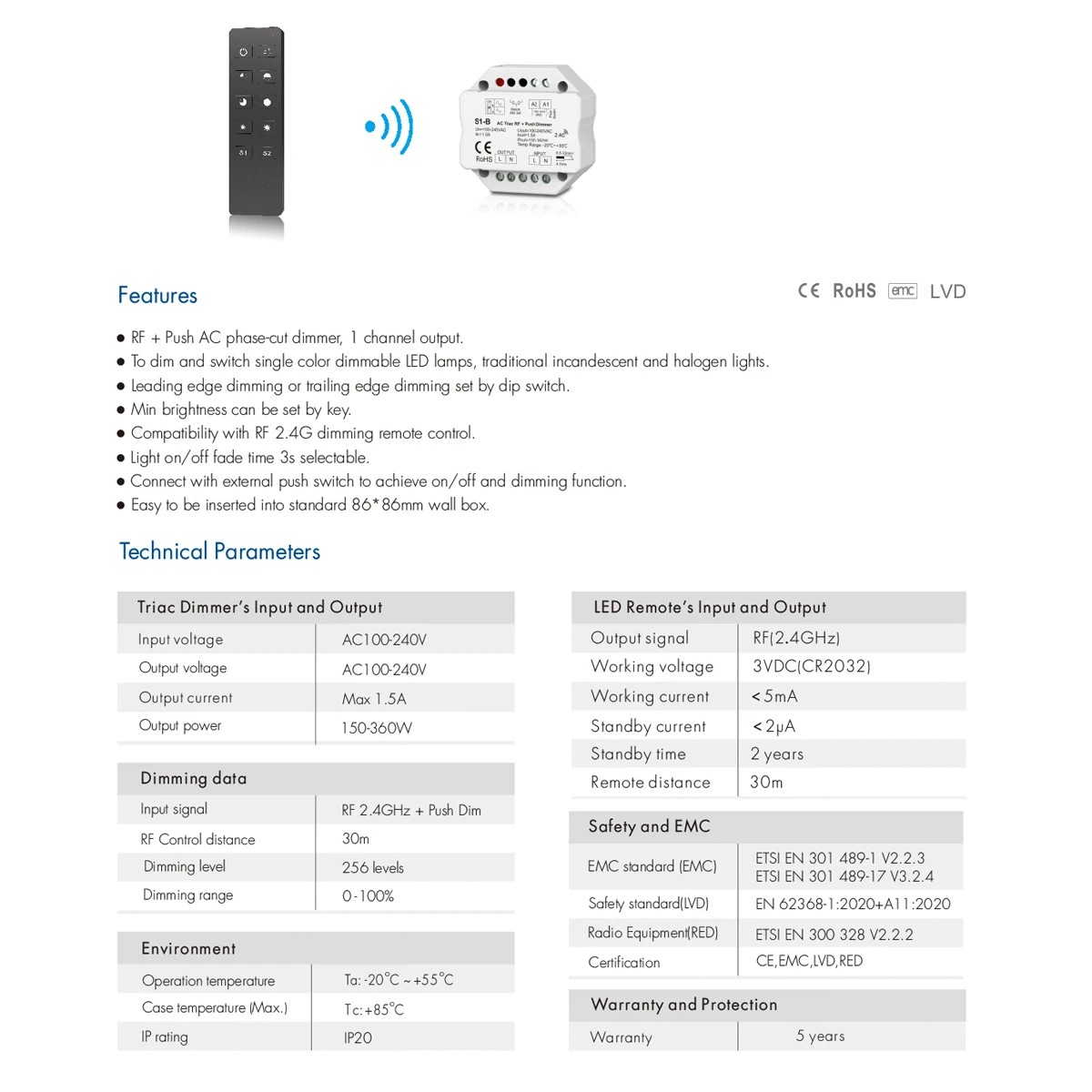 LEDTM® 73125 S1-B+R1 SKYDANCE ΣΕΤ Dimmer & Ασύρματο Χειριστήριο Αφής 1 Group RF 2.4Ghz 1.5A Max AC100-240V (360W) - DC 3V IP20 - 5 Χρόνια Εγγύηση - Image 10