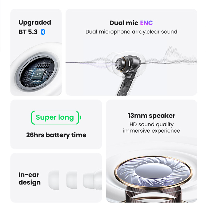 USAMS earphones με θήκη φόρτισης US-XD19, TWS, ENC, Φ13mm, λευκά - Image 2