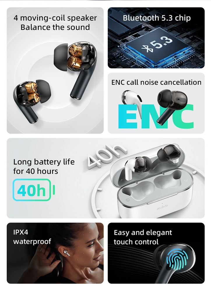 MIBRO earphones με θήκη φόρτισης M1, TWS, ENC, 25/350mAh, μπλε - Image 2