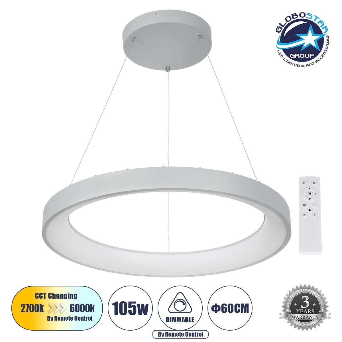 LEDTM® SALEM 61246 Μοντέρνο Κρεμαστό Φωτιστικό Οροφής LED 105W 12075lm 120° AC 220-240V IP20 Ρυθμιζόμενο Λευκό CCT με Χειριστήριο από 2700K έως 6000K Dimmable - Lumileds SMD Chip - Γκρι - Μ60 x Π60 x Υ6cm - 3 Χρόνια Εγγύηση