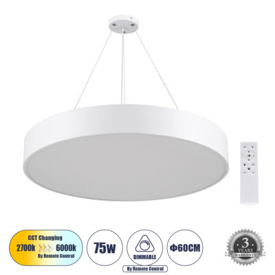 Alternative view of LEDTM® BURTON 61203 Μοντέρνο Κρεμαστό Φωτιστικό Οροφής LED 75W 8625lm 120° AC 220-240V IP20 Ρυθμιζόμενο Λευκό CCT με Χειριστήριο από 2700K έως 6000K Dimmable - Lumileds SMD Chip - Λευκό Ματ - Μ60 x Π60 x Υ8cm - 3 Χρόνια Εγγύηση