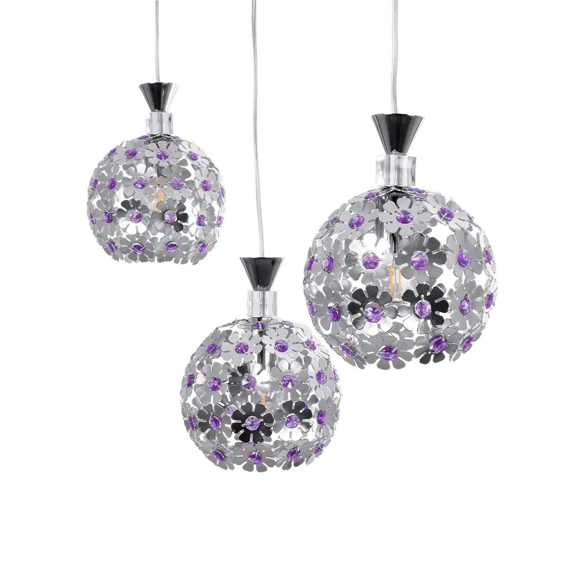 LEDTM® BOUQUET 01249 Μοντέρνο Κρεμαστό Φωτιστικό Οροφής με Ντουί 3 x E27 AC 220-240V IP20 - Ασημί & Μωβ - Μ66 x Π18 x Υ24cm - Image 7