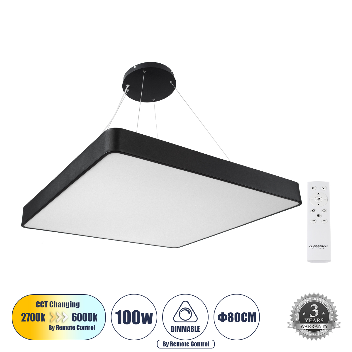 LEDTM® KAMALA 61210-P Μοντέρνο Κρεμαστό Φωτιστικό Οροφής LED 100W 10000lm 120° AC 220-240V IP20 Ρυθμιζόμενο Λευκό CCT με Χειριστήριο από 2700K έως 6000K Dimmable - Lumileds SMD Chip - Μαύρο Ματ - Μ80 x Π80 x Υ8cm - 3 Χρόνια Εγγύηση - Image 2