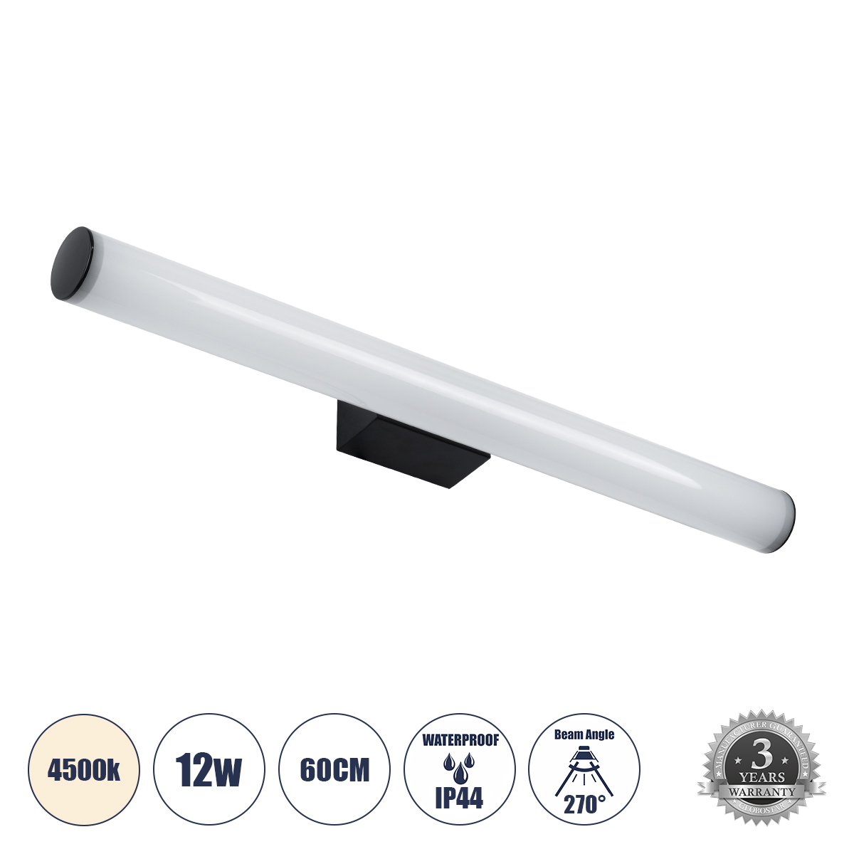 LEDTM® MABEL 60428 Μοντέρνο Φωτιστικό Τοίχου - Απλίκα Καθρέπτη Μπάνιου LED 12W 1400lm 240° AC 220-240V IP44 Φυσικό Λευκό 4500K - Lumileds SMD Chip & TÜV SÜD Driver - Μαύρο Ματ & Λευκό - Μ60 x Π10 x Υ5cm - 3 Χρόνια Εγγύηση - Image 2