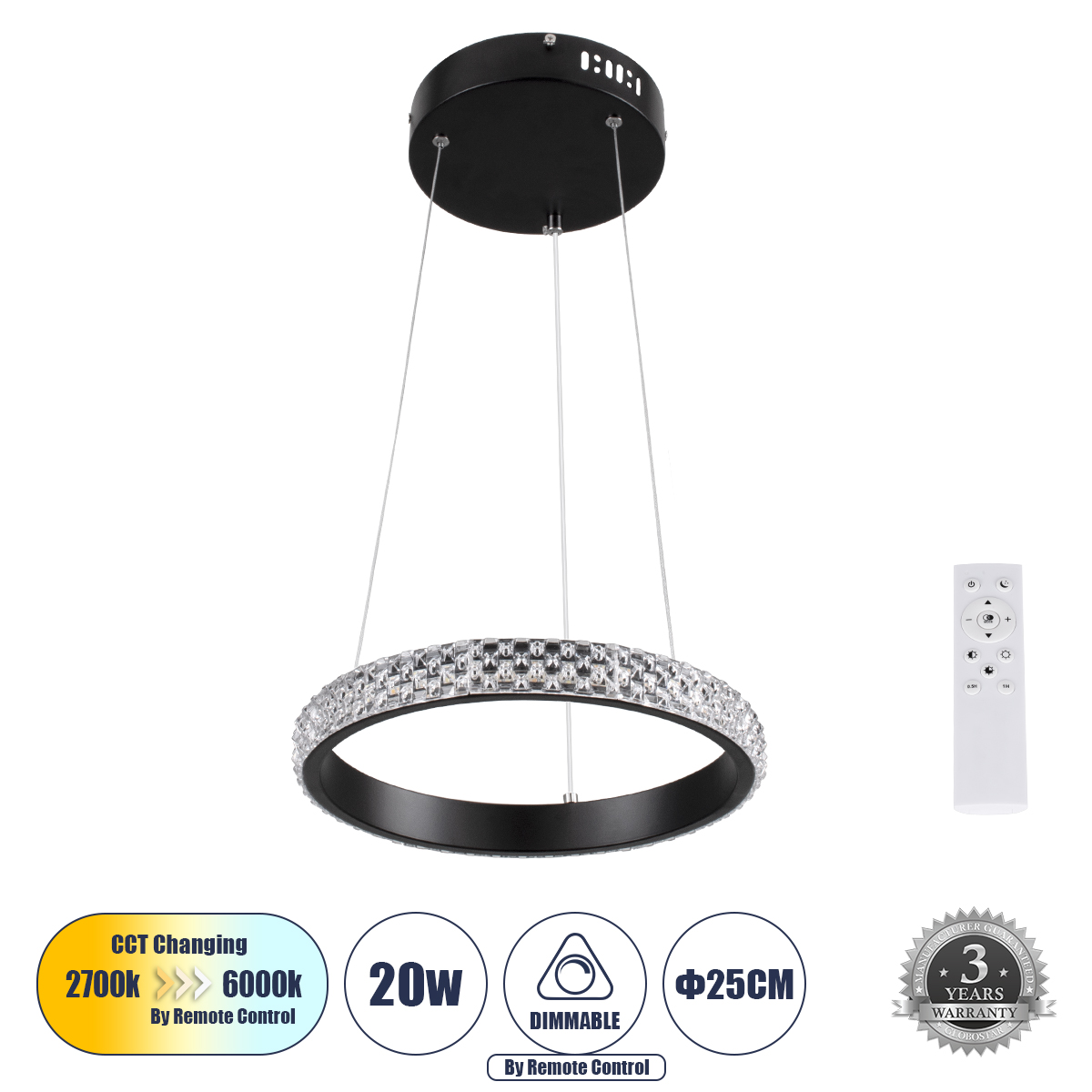 LEDTM® DIAMOND 61126 Μοντέρνο Κρεμαστό Φωτιστικό Οροφής LED 20W 2356lm 360° AC 220-240V IP20 Ρυθμιζόμενο Λευκό CCT με Χειριστήριο από 2700K έως 6000K Dimmable - Lumileds SMD Chip - Μαύρο Ματ - Μ25 x Π25 x Υ3cm - 3 Χρόνια Εγγύηση - Image 2