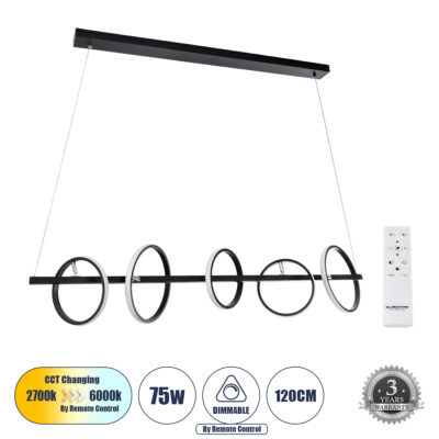 Alternative view of LEDTM® CIRCOLARE 61319 Μοντέρνο Κρεμαστό Φωτιστικό Οροφής LED 75W 7500lm 360° AC 220-240V IP20 Ρυθμιζόμενο Λευκό CCT με Χειριστήριο από 2700K έως 6000K Dimmable - Lumileds SMD Chip - Μαύρο Ματ - Μ120 x Π25 x Υ25cm - 3 Χρόνια Εγγύηση