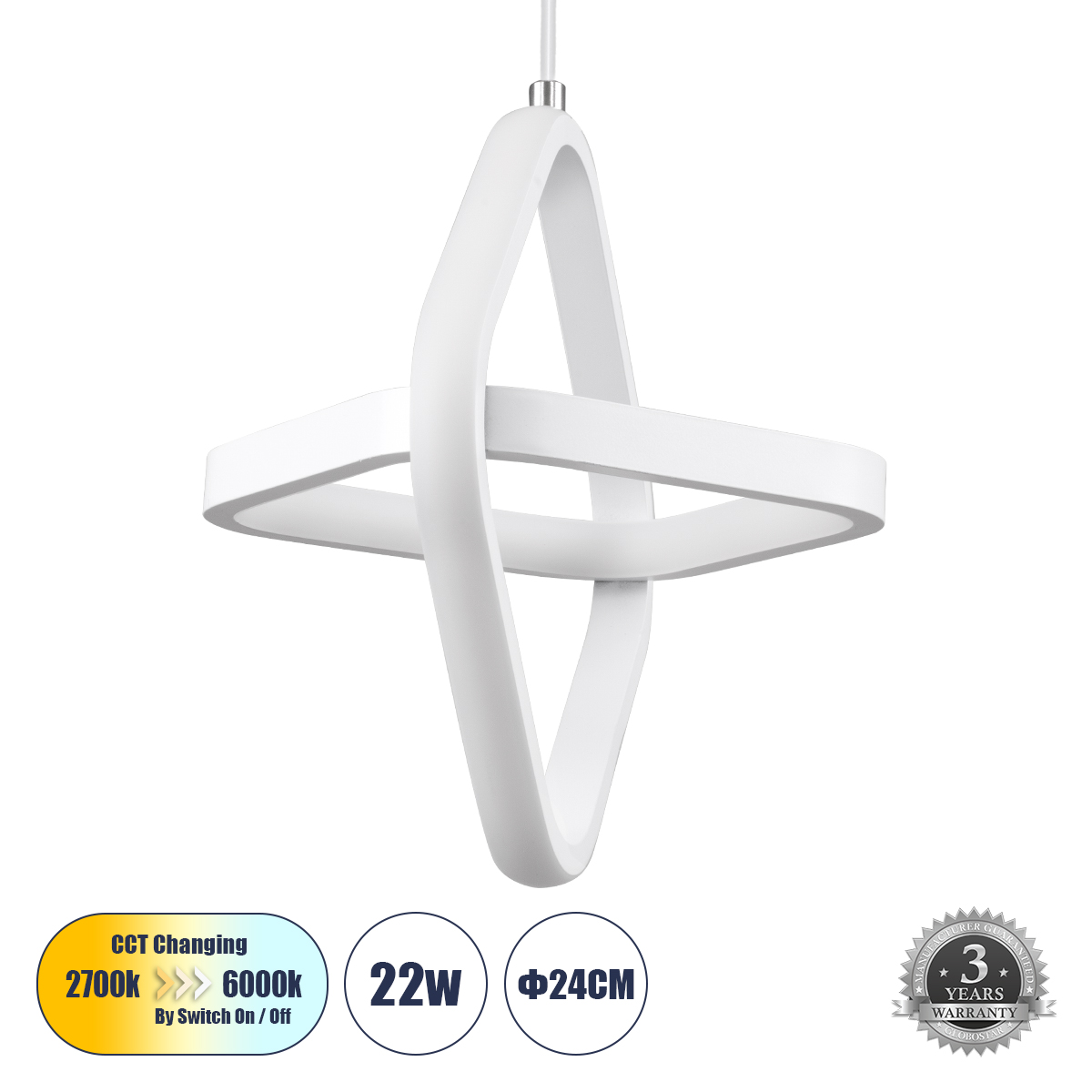 LEDTM® ROSE 61065 Μοντέρνο Κρεμαστό Φωτιστικό Οροφής LED 22W 2640lm 300° AC 220-240V IP20 Ρυθμιζόμενο Λευκό CCT με On/Off 2700K/4500K/6000K - Lumileds SMD Chip - Λευκό Ματ - Μ24 x Π22 x Υ24cm - 3 Χρόνια Εγγύηση - Image 2