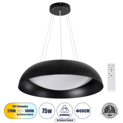 Alternative view of LEDTM® ANATOLIA 61269 Μοντέρνο Κρεμαστό Φωτιστικό Οροφής LED 75W 8625lm 120° AC 220-240V IP20 Ρυθμιζόμενο Λευκό CCT με Χειριστήριο από 2700K έως 6000K Dimmable - Lumileds SMD Chip - Μαύρο Ματ - Μ60 x Π60 x Υ12.5cm - 3 Χρόνια Εγγύηση