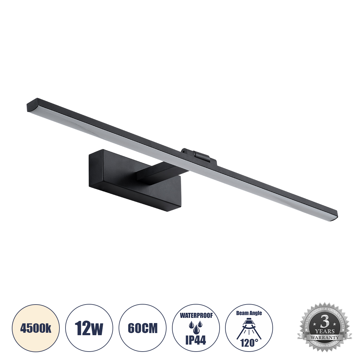 LEDTM® ELLIS 60444 Μοντέρνο Φωτιστικό Τοίχου - Απλίκα Καθρέπτη Μπάνιου LED 12W 1400lm 120° AC 220-240V IP44 Φυσικό Λευκό 4500K - Lumileds SMD Chip & TÜV SÜD Driver - Μαύρο Ματ - Μ60 x Π16 x Υ6cm - 3 Χρόνια Εγγύηση - Image 2