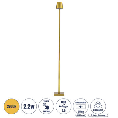 Alternative view of LEDTM® NEGA 60479 Μοντέρνο Επιδαπέδιο Φωτιστικό LED 2.2W 154lm 360° DC 5V με USB 2.0 με Επαναφορτιζόμενη Μπαταρία Li-ion 3.7V 4000mAh IP44 Θερμό Λευκό 2700K με Αφή Dimmable - Lumileds SMD Chip - Χρυσό Πλατίνα - Μ10 x Π10 x Υ135cm - 2 Χρόνια Εγγύηση