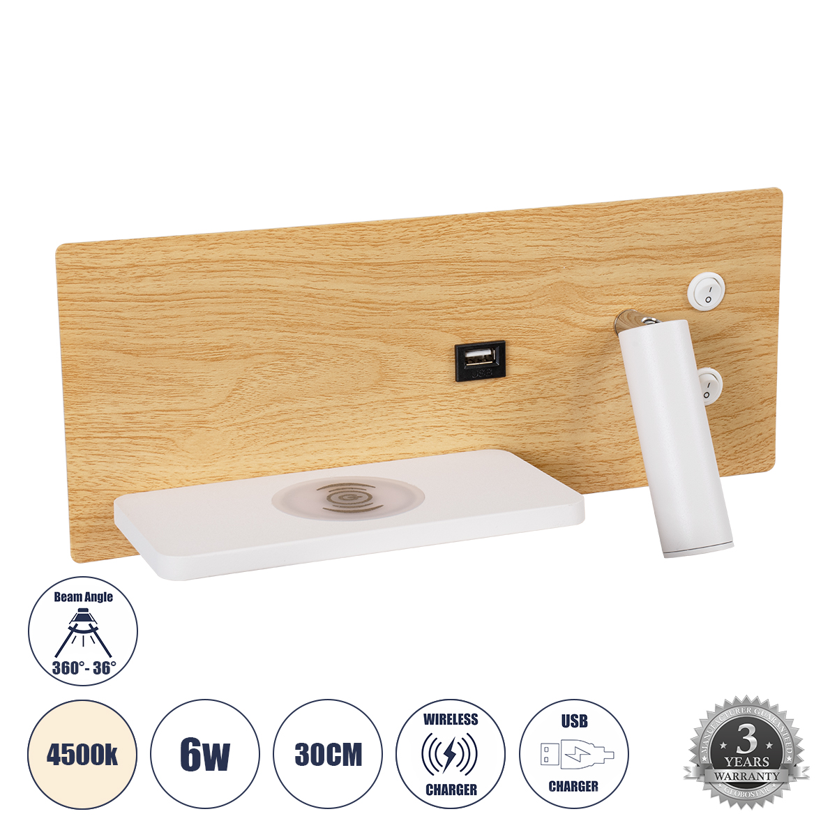 LEDTM® PALADIN 61359 Μοντέρνο Φωτιστικό Τοίχου - Απλίκα Ξενοδοχείου Reading Light με Φορτιστή USB 3A & Wireless 20W LED 6W 720lm 36° & 360° AC 220-240V IP20 Φυσικό Λευκό 4500K - Bridgelux COB Chip & TÜV SÜD Driver - Μπεζ & Λευκό - Μ30 x Π11 x Υ12cm - 3 Χρόνια Εγγύηση - Image 2