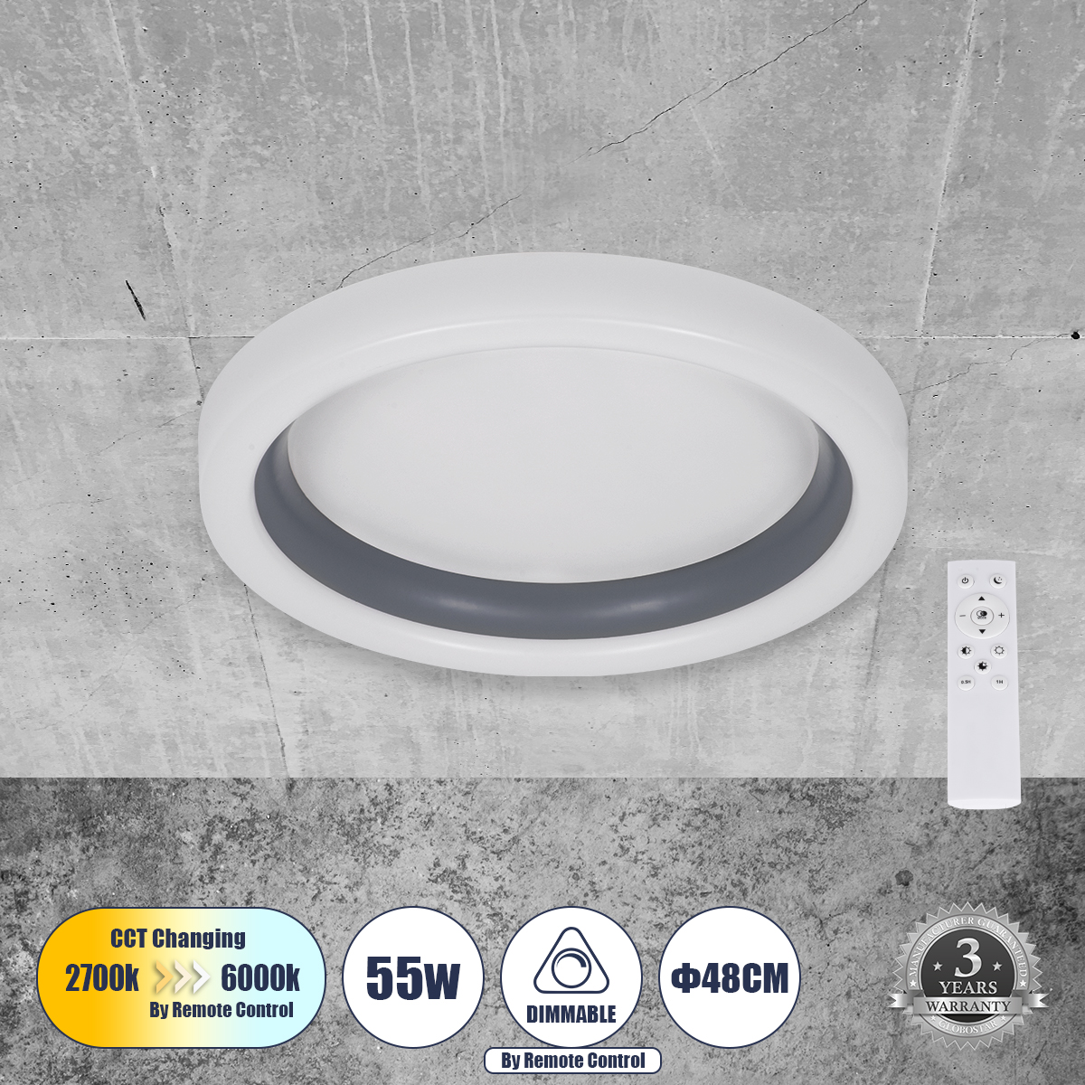 LEDTM® ARIANA 61036 Μοντέρνο Φωτιστικό Οροφής LED 55W 6376lm 120° AC 220-240V IP20 Ρυθμιζόμενο Λευκό CCT με Χειριστήριο από 2700K έως 6000K Dimmable - Lumileds SMD Chip - Γκρι - Μ48 x Π48 x Υ9cm - 3 Χρόνια Εγγύηση - Image 2