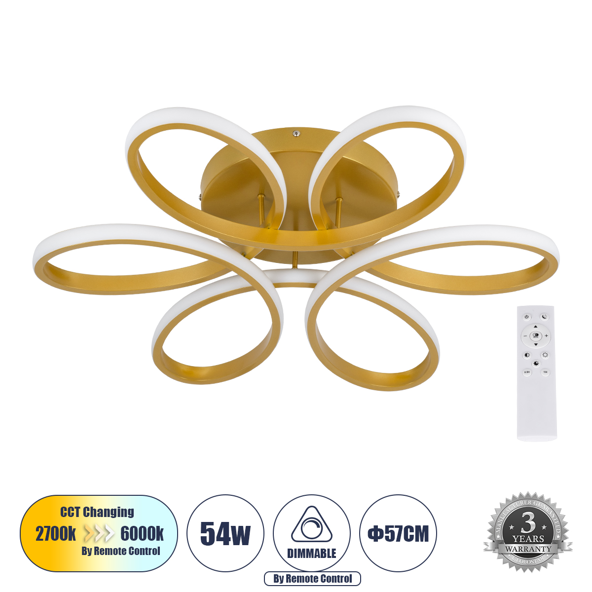 LEDTM® MARGARET 61403 Μοντέρνο Φωτιστικό Οροφής LED 54W 6210lm 360° AC 220-240V IP20 Ρυθμιζόμενο Λευκό CCT με Χειριστήριο από 2700K έως 6000K Dimmable - Lumileds SMD Chip - Χρυσό Βούρτσας - Μ57 x Π57 x Υ12cm - 3 Χρόνια Εγγύηση - Image 2