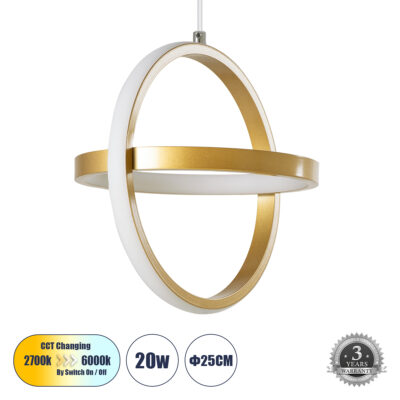 Alternative view of LEDTM® ALICE 61057 Μοντέρνο Κρεμαστό Φωτιστικό Οροφής LED 20W 2400lm 300° AC 220-240V IP20 Ρυθμιζόμενο Λευκό CCT με On/Off 2700K/4500K/6000K - Lumileds SMD Chip - Χρυσό Βούρτσας - Μ25 x Π22 x Υ25cm - 3 Χρόνια Εγγύηση