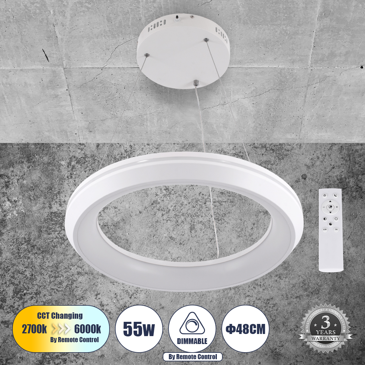 LEDTM® MELINA 61044 Μοντέρνο Κρεμαστό Φωτιστικό Οροφής LED 55W 6376lm 120° AC 220-240V IP20 Ρυθμιζόμενο Λευκό CCT με Χειριστήριο από 2700K έως 6000K Dimmable - Lumileds SMD Chip - Λευκό Ματ - Μ48 x Π48 x Υ6.5cm - 3 Χρόνια Εγγύηση - Image 2