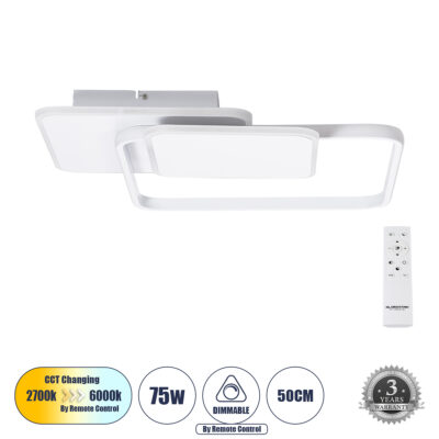 Alternative view of LEDTM® SQUARO 61232 Μοντέρνο Φωτιστικό Οροφής LED 75W 8400lm 360° AC 220-240V IP20 Ρυθμιζόμενο Λευκό CCT με Χειριστήριο από 2700K έως 6000K Dimmable - Lumileds SMD Chip - Λευκό Ματ - Μ48.5 x Π51 x Υ9cm - 3 Χρόνια Εγγύηση