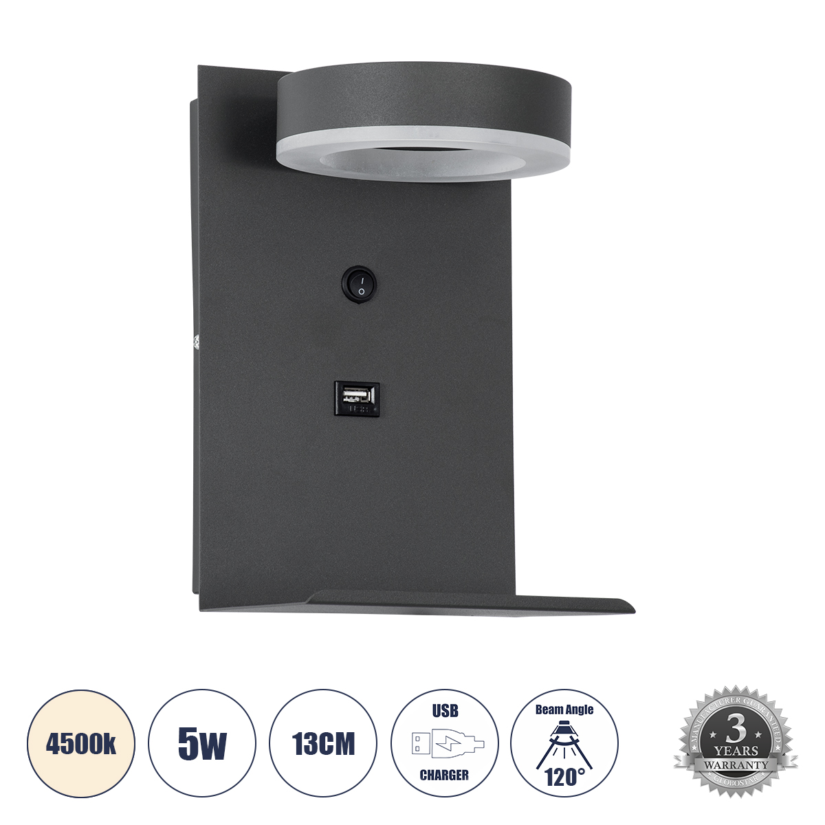 LEDTM® CROWN 61372 Μοντέρνο Φωτιστικό Τοίχου - Απλίκα Ξενοδοχείου Reading Light με Φορτιστή USB 3A LED 5W 550lm 120° AC 220-240V IP20 Φυσικό Λευκό 4500K - Bridgelux COB Chip & TÜV SÜD Driver - Γκρι Ανθρακί Ματ - Μ15 x Π15 x Υ23cm - 3 Χρόνια Εγγύηση - Image 2
