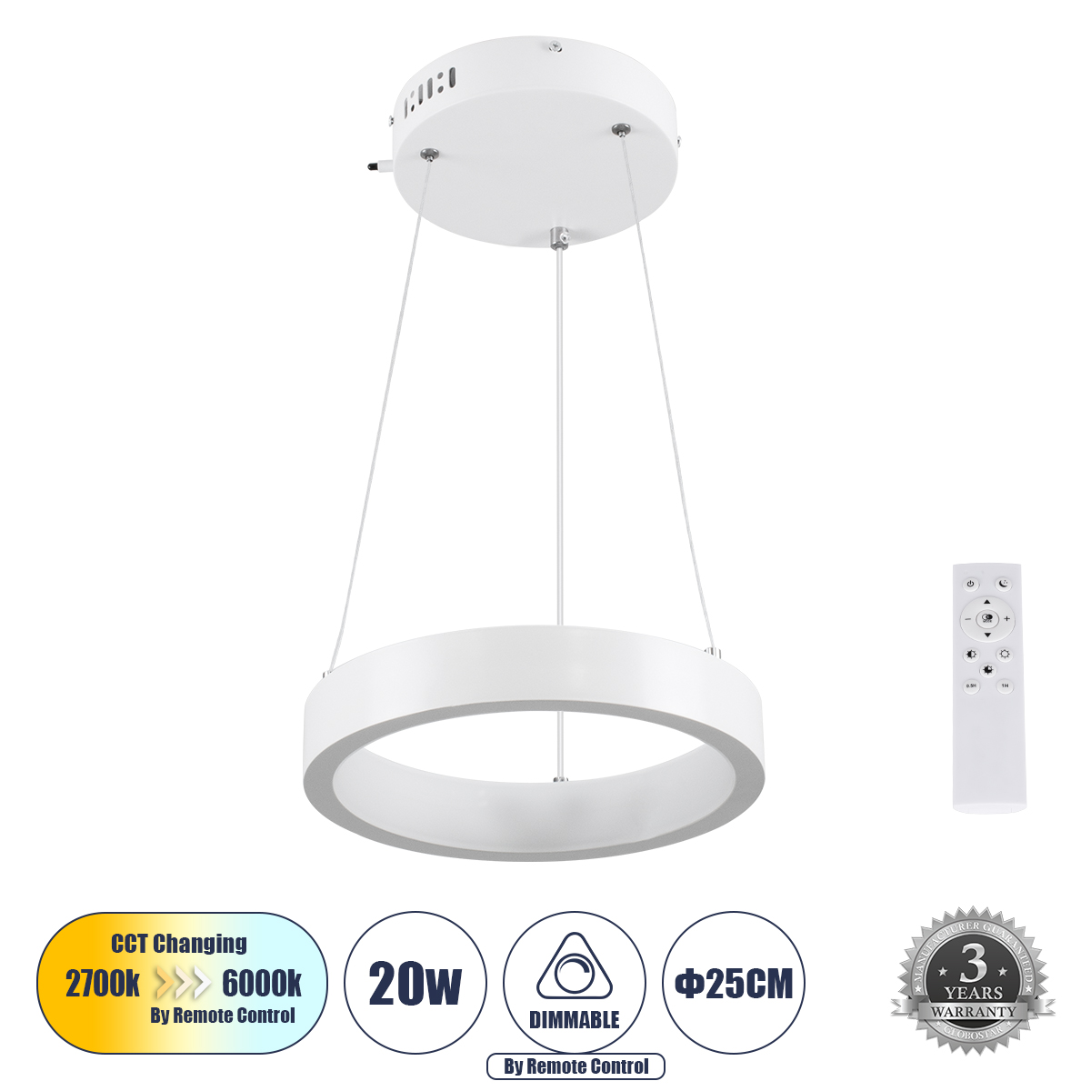 LEDTM® NEMESIS 61153 Μοντέρνο Κρεμαστό Φωτιστικό Οροφής LED 20W 2356lm 360° AC 220-240V IP20 Ρυθμιζόμενο Λευκό CCT με Χειριστήριο από 2700K έως 6000K Dimmable - Lumileds SMD Chip - Λευκό Ματ - Μ25 x Π25 x Υ4cm - 3 Χρόνια Εγγύηση - Image 2