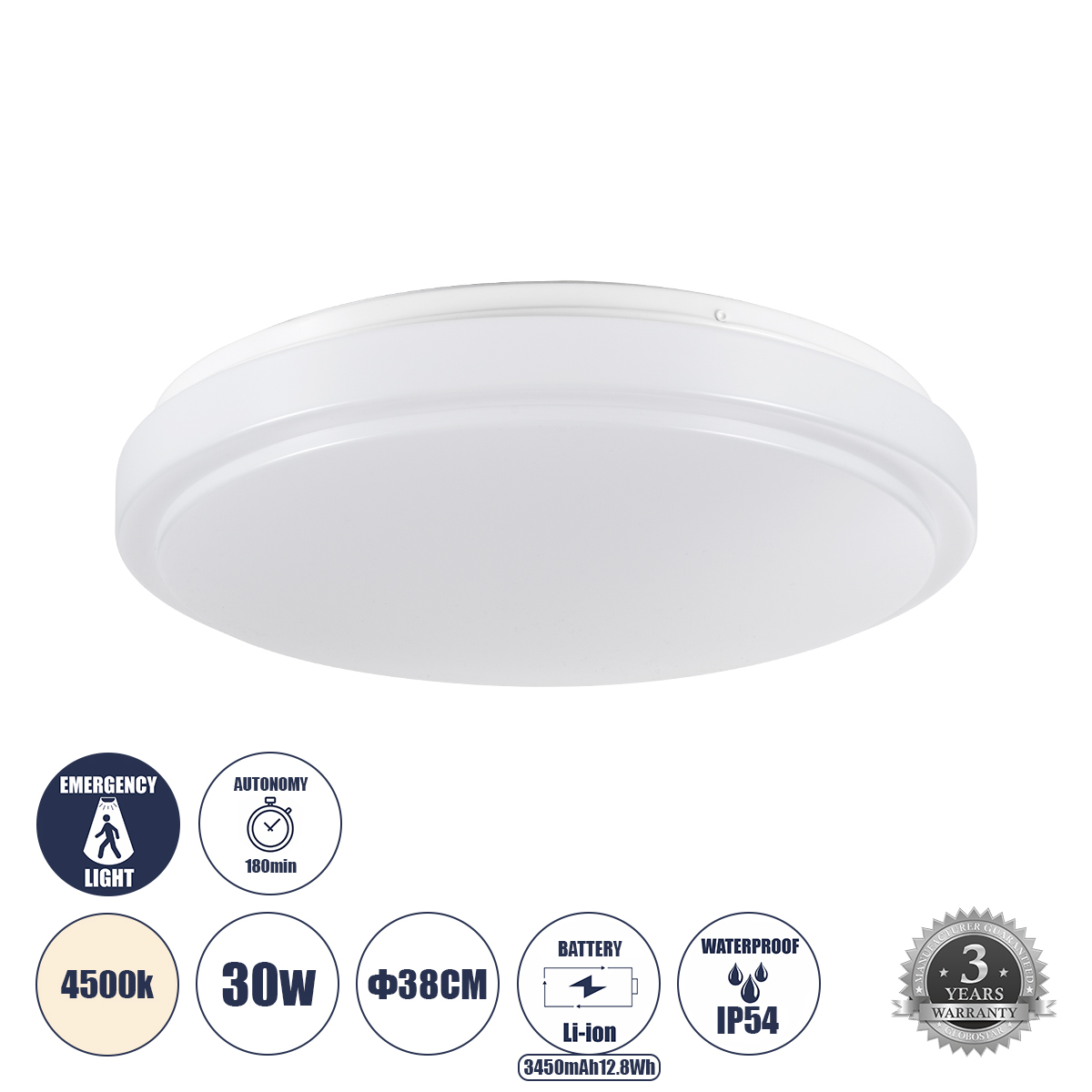LEDTM® EMERGANO 60993 Φωτιστικό Πλαφονιέρα Οροφής με Ενσωματωμένο Σύστημα Emergency Li-ion 3450mAh/12.8Wh με Αυτονομία 3hrs LED 30W 3750lm 120° AC 220-240V Αδιάβροχο IP54 Φυσικό Λευκό 4500K - Lumileds SMD Chip - Λευκό Γαλακτερό - Μ38 x Π38 x Υ5.3cm - 3 Χρόνια Εγγύηση - Image 2