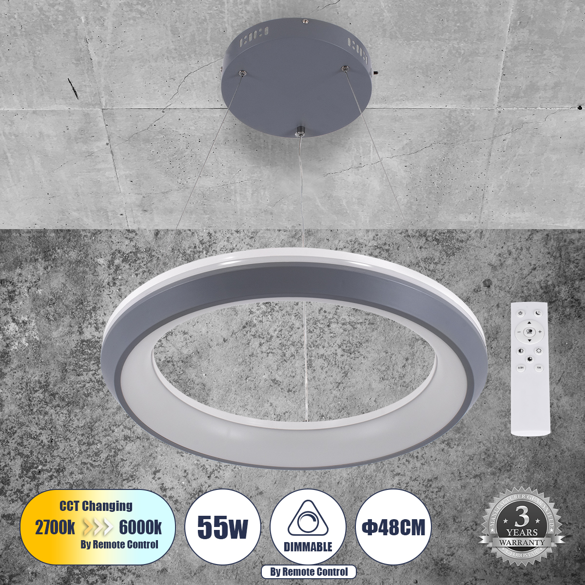 LEDTM® MELINA 61045 Μοντέρνο Κρεμαστό Φωτιστικό Οροφής LED 55W 6376lm 120° AC 220-240V IP20 Ρυθμιζόμενο Λευκό CCT με Χειριστήριο από 2700K έως 6000K Dimmable - Lumileds SMD Chip - Γκρι & Λευκό - Μ48 x Π48 x Υ6.5cm - 3 Χρόνια Εγγύηση - Image 2