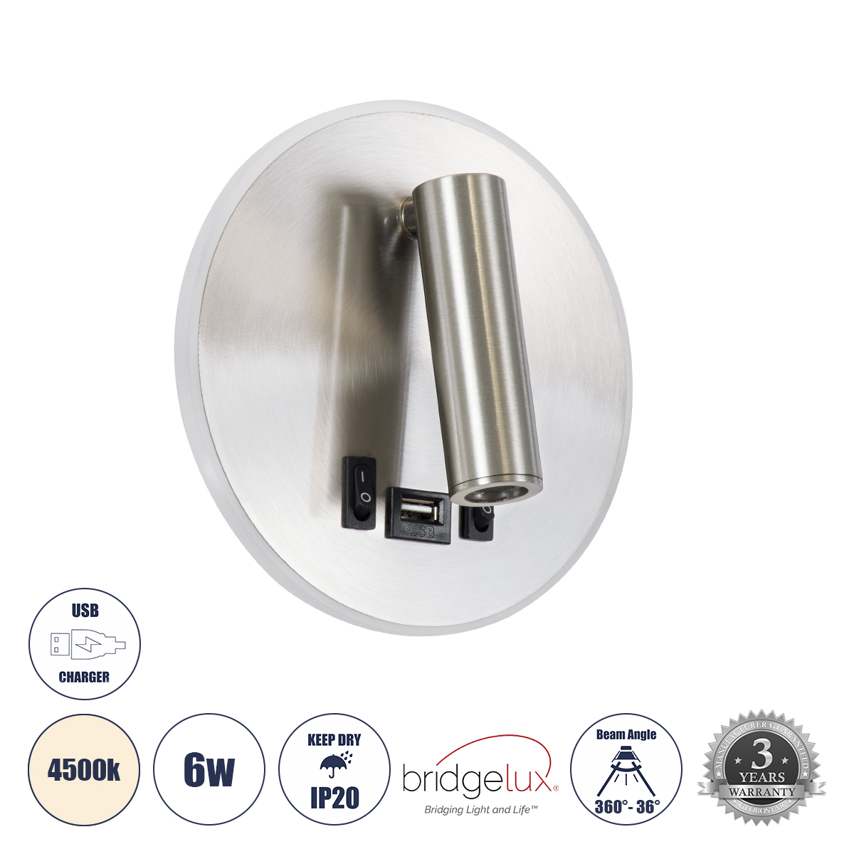 LEDTM® LADY-R 60941 Μοντέρνο Φωτιστικό Τοίχου - Απλίκα Ξενοδοχείου Reading Light με Φορτιστή USB 3A LED 6W 600lm 36° & 360° AC 220-240V IP20 Φυσικό Λευκό 4500K - Bridgelux COB Chip & TÜV SÜD Driver - Νίκελ Βούρτσας - Μ15 x Π15 x Υ17cm - 3 Χρόνια Εγγύηση - Image 2