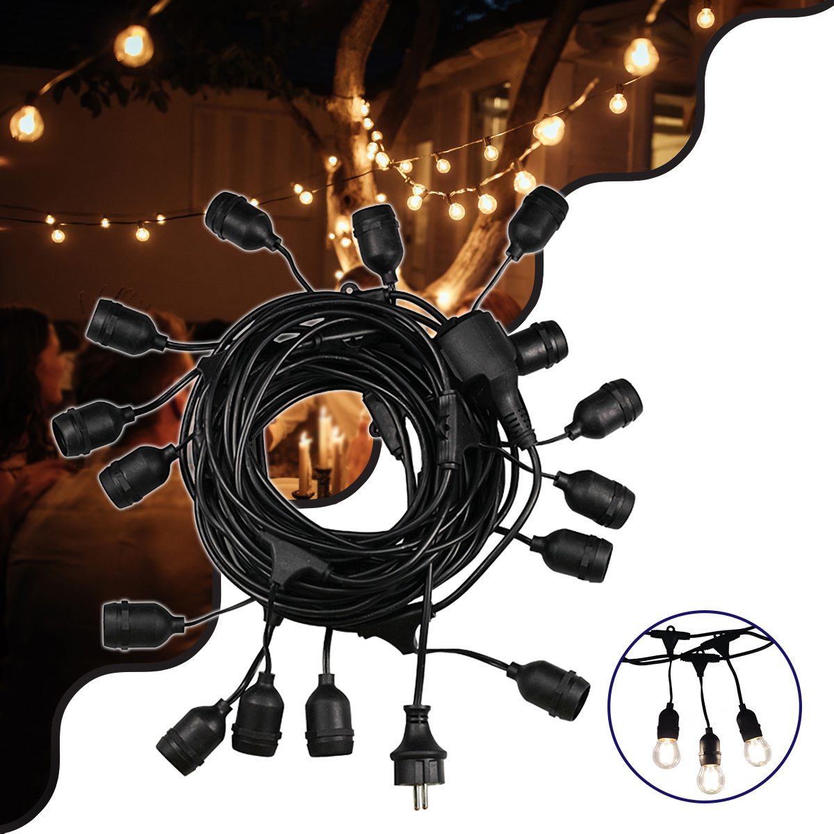 LEDTM® GARLAND 78984 Καλωδιογιρλάντα 15m με Ντουί 15 x E27 & Πρίζα Schuko AC 220-240V IP65 - Μαύρο - Μ1500 x Π92 x Υ16cm - Image 2