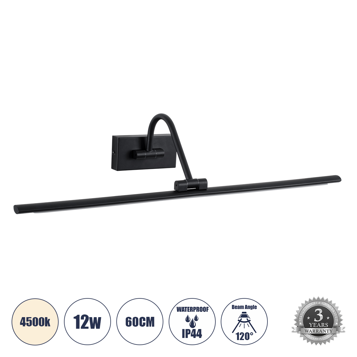 LEDTM® MIRA 60432 Μοντέρνο Φωτιστικό Τοίχου - Απλίκα Καθρέπτη Μπάνιου LED 12W 1400lm 120° AC 220-240V IP44 Φυσικό Λευκό 4500K - Lumileds SMD Chip & TÜV SÜD Driver - Μαύρο Ματ - Μ60 x Π20 x Υ13cm - 3 Χρόνια Εγγύηση - Image 2