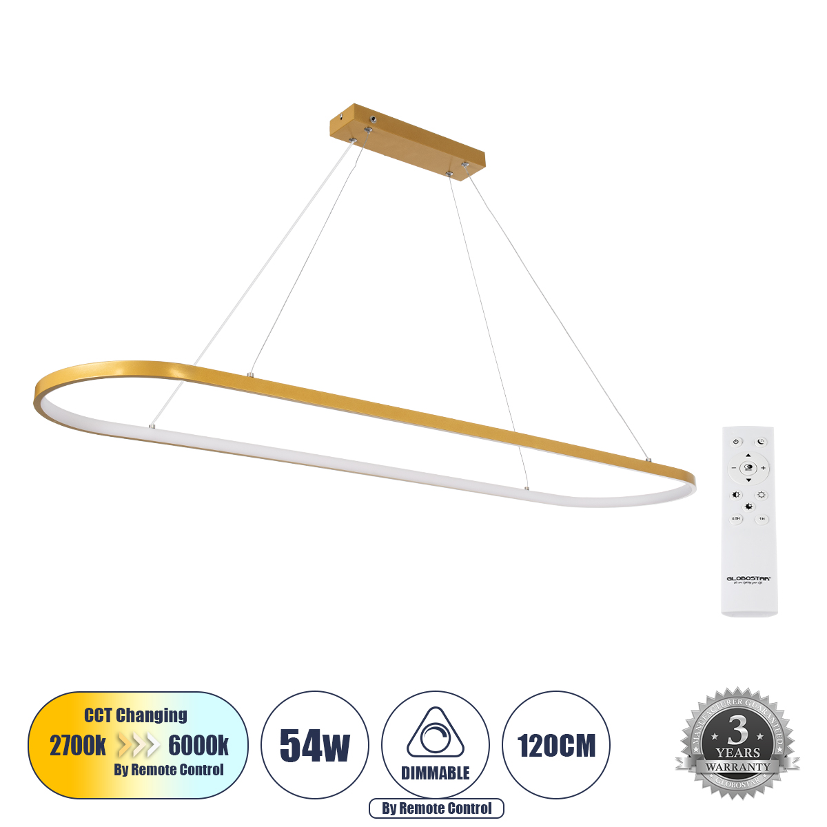 LEDTM® BOLIVAR 61274 Μοντέρνο Κρεμαστό Φωτιστικό Οροφής LED 54W 6210lm 360° AC 220-240V IP20 Ρυθμιζόμενο Λευκό CCT με Χειριστήριο από 2700K έως 6000K Dimmable - Lumileds SMD Chip - Χρυσό Βούρτσας - Μ120 x Π30 x Υ2cm - 3 Χρόνια Εγγύηση - Image 2