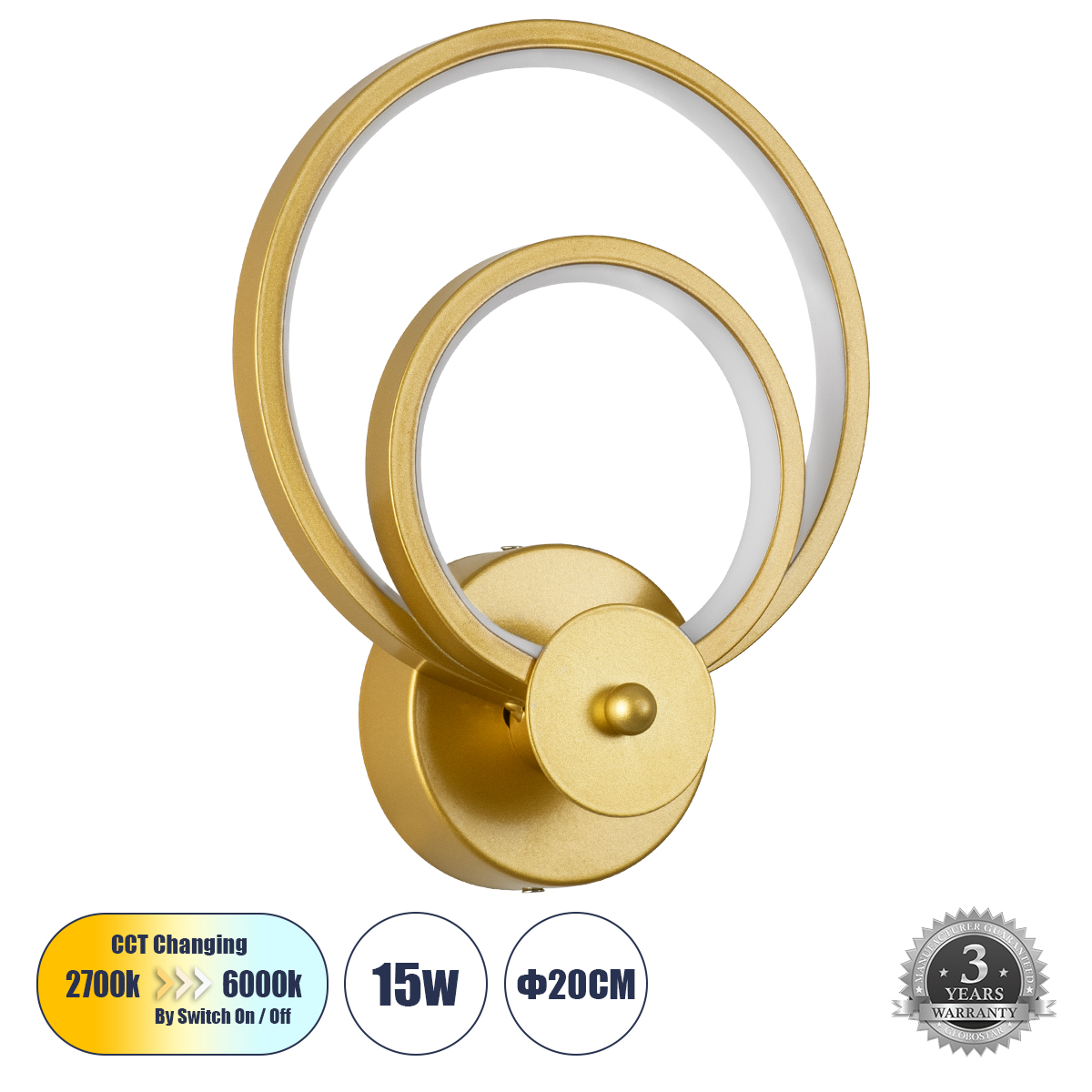 LEDTM® FREDDIE 61078 Μοντέρνο Φωτιστικό Τοίχου - Απλίκα LED 15W 1080lm 300° AC 220-240V IP20 Ρυθμιζόμενο Λευκό CCT με On/Off 2700K/4500K/6000K - Lumileds SMD Chip - Χρυσό Βούρτσας - Μ20 x Π7.5 x Υ25cm - 3 Χρόνια Εγγύηση - Image 2