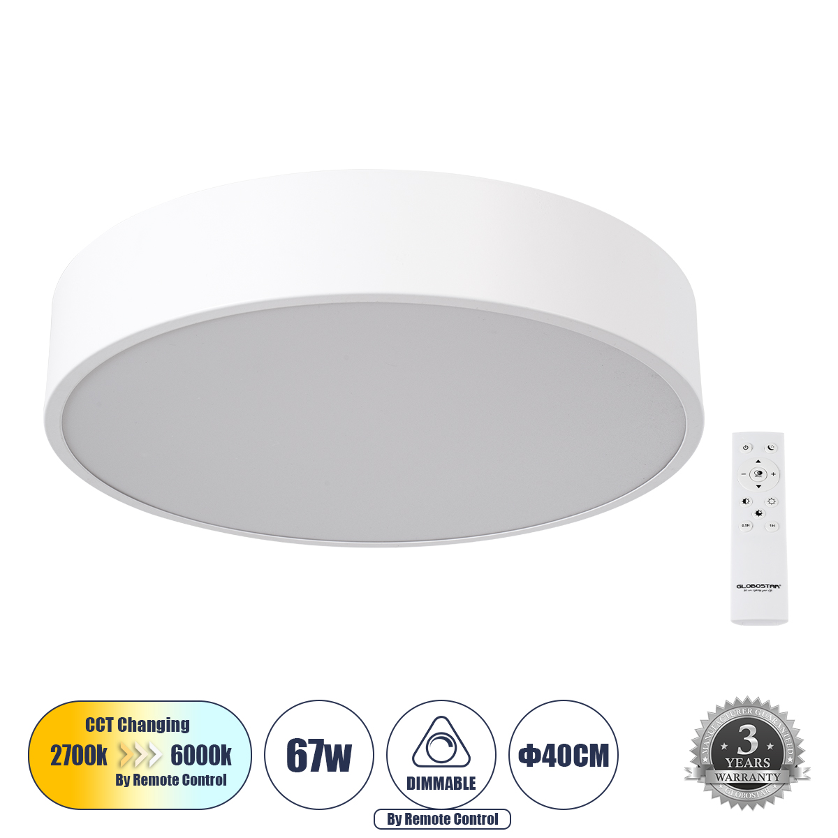 LEDTM® BURTON 61201-S Μοντέρνο Φωτιστικό Οροφής LED 67W 7370lm 120° AC 220-240V IP20 Ρυθμιζόμενο Λευκό CCT με Χειριστήριο από 2700K έως 6000K Dimmable - Lumileds SMD Chip - Λευκό Ματ - Μ40 x Π40 x Υ8cm - 3 Χρόνια Εγγύηση - Image 2